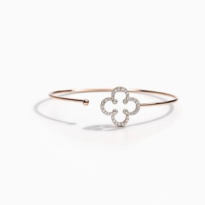 Thin Floral Charm Dainty Stacking Quatrefoil <b>Adjustable</b> Bangle Fine 10K 14K 18K Solid <b>Gold</b> Round Lab Grown Diamond Clover Bangle - Product Image 3