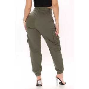 Pantalon cargo d'hiver en molleton brodé vert olive pour femme, taille haute, cordon élastique, coupe régulière, longueur intégrale, couleur unie - Product Image 6