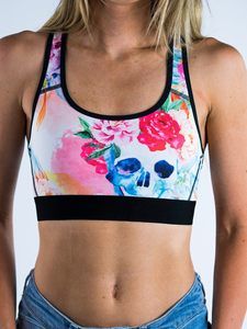 Soutien-gorge de sport pour femme à imprimé floral et crâne, col ras du cou, dos nageur, maintien moyen, respirant, en Spandex et Polyester, pour l'entraînement - Product Image 1