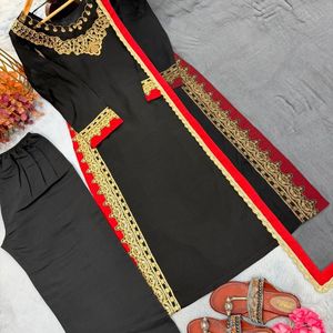 Conjunto de traje de fiesta étnico de diseñador: Kurti bordado de Mul Chanderi puro con palazzo de seda romana y dupatta con borde de encaje Nazmin - Product Image 6