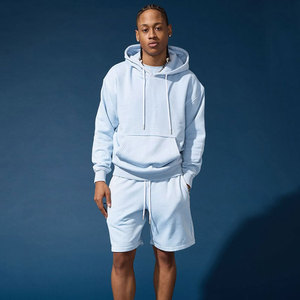 Conjunto de Sudadera con Capucha y Pantalones Cortos para Hombre, Estilo Urbano, Lavado Ácido, 100% Algodón Felpa, Dos Piezas - Product Image 1