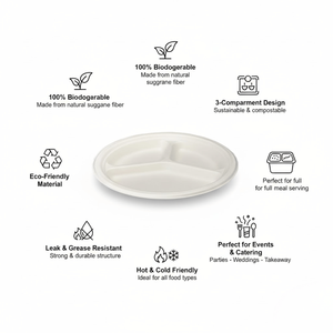 Plato Desechable de Bagazo de 9 Pulgadas con 3 Compartimentos |   Plato Ecológico de Caña de Azúcar |   Plato Thali Compostable |   Placa de Acero de Alta Resistencia - Product Image 5