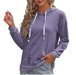 Distress Plus Size <b>Thick</b> <b>Fleece</b> Sweatshirts Purple Color Washed Vintage Breathable Hoodies For Girls Knitted Drawstring Distress - Product Image 5
