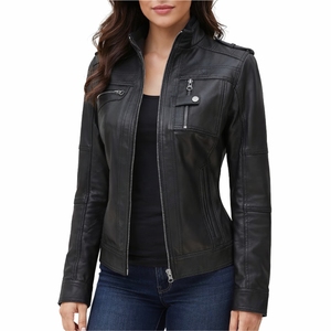 Veste en cuir noir ajustée pour femme avec fermeture éclair intégrale sur le devant, style moto, manches longues, col montant, style streetwear - Product Image 1