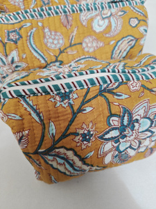 Yellow Floral Block Printed Durable Cotton Zipper Eco-Friendly Large Capacity <b>Makeup</b> <b>Case</b> Indian Pouches Travel Cosmetic - Product Image 5