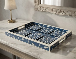 Juego de Posavasos Rectangulares de Resina Ecológica con Diseño Floral Azul, Decoración de Mesa Vintage Hecha a Mano, 550 mm de Diámetro - Product Image 1
