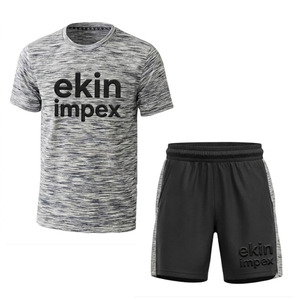 ชุดเสื้อยืดและกางเกงขาสั้นผู้ชาย Ekin Impex รุ่นสปอร์ต สีเทา-ดำ โลโก้ปัก แห้งเร็ว เหมาะสำหรับฤดูร้อน คอกลม ผ้าถัก โพลีเอสเตอร์ผสมสแปนเด็กซ์ - Product Image 1