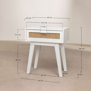 Mesita de Noche de Madera Blanca con Ratán, Mesa Auxiliar Minimalista con Almacenamiento para Dormitorio, Apartamento u Hotel - Product Image 3