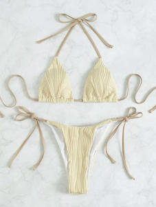 Ensemble bikini côtelé deux pièces pour femme, maillot de bain croisé à dos nu, bas string, couleur unie, extensible, tenue de plage - Product Image 6