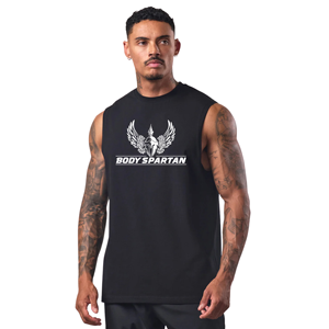 Mens Black Sleeveless <b>Athletic</b> Tank Top O-Neck Cotton Printed Gym Workout Shirt Fitness Training Sportswear Apparel - Product Image 1