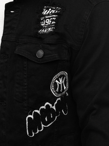 Veste en jean noire pour homme avec motifs patchwork, col rabattu, fermeture éclair, style décontracté, coton lavé, coupe ajustée - Product Image 4