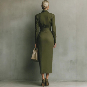 Elegante Abito Lungo con <span class=keywords><strong>Colletto</strong></span> a <span class=keywords><strong>Camicia</strong></span>, Vestito Aderente Sexy con Maniche Lunghe e Arricciature, Verde Oliva, per Ufficio, Lavoro e Feste - Product Image 2