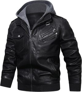 Men Black PU Leather Moto Biker <b>Jacket</b> Hooded Zipper Front Solid Color Slim Fit Regular Sleeve Autumn Windproof - Product Image 4