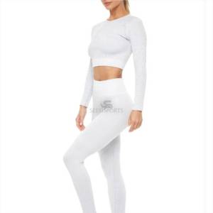 ชุดออกกำลังกายผู้หญิงแฟชั่นใหม่ สีนู้ด ระบายอากาศได้ดี ยืดหยุ่นสูง ชุด 2 ชิ้น เสื้อชั้นในคอลึกแบบวี และกางเกงเลกกิ้ง สำหรับโยคะและฟิตเนส - Product Image 5