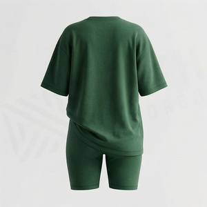 Ensemble décontracté en tricot vert pour femmes, 2 pièces, t-shirt à manches courtes et short au-dessus du genou, coupe ample, couleur unie, vêtements de printemps et d'été - Product Image 2