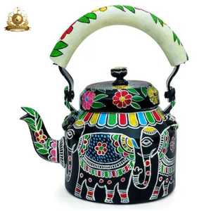 Hand Painted Elephant Design Black <b>Teapot</b> Artistic Indian Folk Art Style Vibrant Colorful Patterned Handle Lid Spout - Product Image 1
