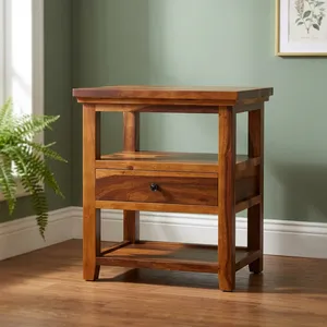 Table de chevet en bois massif Sheesham avec 1 tiroir et 2 compartiments de rangement, table d'appoint en bois pour chambre à coucher, salon - Product Image 3
