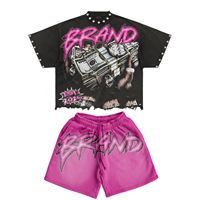 Ensemble T-shirt et short personnalisé avec impression sérigraphique et strass, effet délavé soleil, design très tendance, 100% coton, pour unisexe