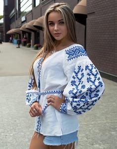 Haut décontracté pour femme en popeline 100 % coton, blanc et bleu, col en V, manches mi-longues, coupe classique, lavable, printemps-été - Product Image 1