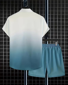 Men's Solid Color Short Sleeve Shirt Shorts Set Breathable Knitted Casual Summer Wear Light Blue Drawstring Pants Outfit Quick - Product Image 2