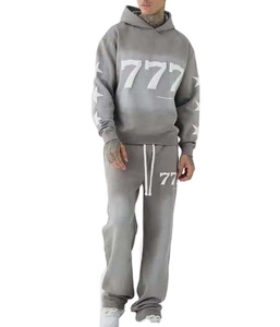 Ensemble de survêtement évasé délavé style français High Street avec impression en relief, sweat à capuche pour homme, service OEM personnalisé - Product Image 1