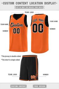 Fournisseur en gros de maillots de basket-ball unisexes entièrement personnalisés, motif noir et orange sur la poitrine, double face, uniforme sportif - Product Image 2