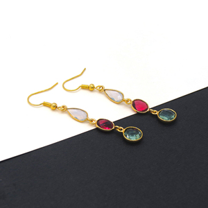 Pendientes Colgantes con Engaste de Bisel, Estilo Bohemio, con Múltiples Gemas de Ópalo Rosa, Fucsia, Verde y Amatista |   Hecho a Mano, Chapado en Oro de 18K - Product Image 3