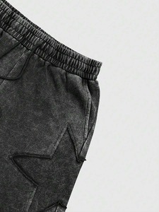 Shorts décontractés style urbain taille mi-haute avec cordon de serrage, couleur noire, en sergé de coton délavé à l'acide, avec patchwork brodé, écologiques - Product Image 3