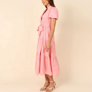 Vestido de Moda al por Mayor para Niñas con Botones al Frente, Elegante, Personalizado, Ropa de Mujer, Vestidos Camiseros con Cinturón, Casual - Product Image 2