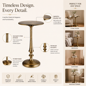 Modern <b>Round</b> Pedestal <b>Side</b> <b>Table</b> with Antique Brass Finish | Elegant Minimalist Accent End <b>Table</b> with Sculpted Column Base Sofa - Product Image 2
