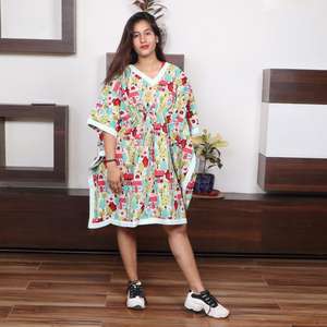 Nuevo Vestido Kimono Kaftan de Moda con Cuello en V, Manga Acampanada y Estampado Dulce hasta la Rodilla para Mujer, Ropa de Algodón Estampada a Mano al por Mayor - Product Image 1