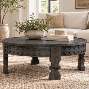 Mesa de Centro Redonda Tallada en Madera de Mango Sólida con Acabado Gris Carbón Oscuro, Mesa de Acento para Sala de Estar, Mesa de Centro Moderna Hecha a Mano - Product Image 1