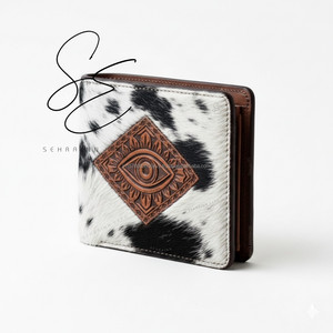 Cartera de Cuero Genuino Repujado para Hombre, Estilo Western Hecha a Mano, Billetera Bifold de Cuero con Pelo y Ojo Turco Grabado, Cartera Vaquera Vintage - Product Image 4