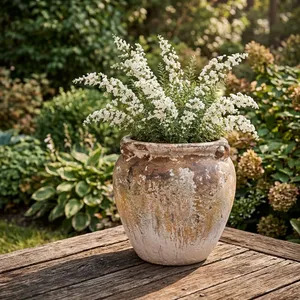 Pot en céramique rustique vintage, style français vieilli, grande jardinière en terre cuite, décoration de jardin intérieur/extérieur style Wabi Sabi, avec drainage - Product Image 4