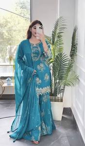 Ensemble indien pakistanais brodé bleu, robe à manches longues et jupe, tenue traditionnelle formelle - Product Image 2