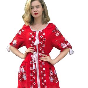 Vestido de novia ucraniano hasta la rodilla Manga corta Cuello redondo Hecho a mano Ocasión de moda Desgaste Tela tejida Patrón sólido - Product Image 1