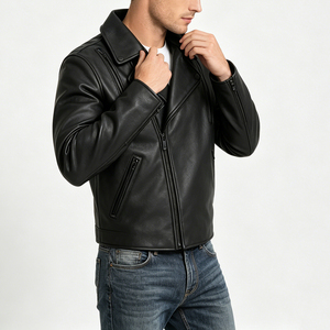 Chaqueta de moto de cuero PU negro, cuello alto, cierre de cremallera, corte regular, para otoño, chaqueta de motociclista de cuero para hombre - Product Image 5