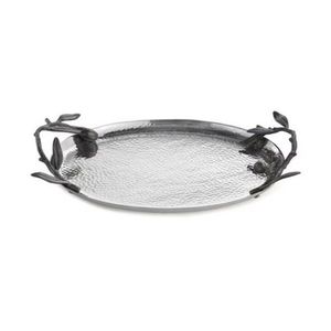 Antique Style Hammered Silver Oval Tray with Black Olive Branch Handles <b>Rustic</b> Luxury Metal Serving Platter for Gourmet Food - Product Image 1