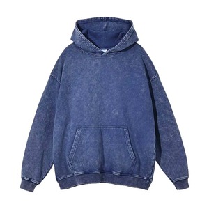 เสื้อฮู้ดดี้ฟอกสีสไตล์วินเทจสำหรับผู้ชาย สีน้ำเงิน ผ้าฝ้ายฟลีซหนานุ่ม ซักแบบ Mineral Wash เสื้อพูลโอเวอร์แนวสตรีทแวร์ เสื้อฮู้ดดี้แบบเรียบ - Product Image 2