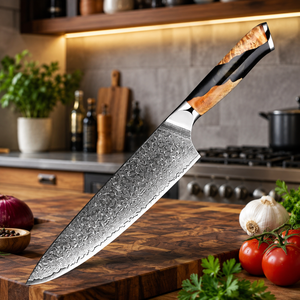 Custom Handmade Modern Chef <b>Knife</b> Extra <b>Sharp</b> Forged Damascus Steel Blade 8in Length Ambidextrous 3.0mm Thickness Resin+Wood - Product Image 1