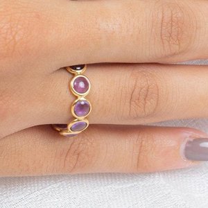 18K Gold Amethyst Eternity Band-<b>Resizable</b> Wedding <b>Ring</b> with Prong Setting - Product Image 3