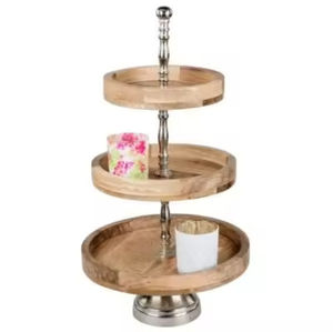 Support à gâteaux à 2 niveaux pour la maison, l'hôtel, les anniversaires, les dîners, centre de table décoratif en bois et métal - Product Image 2