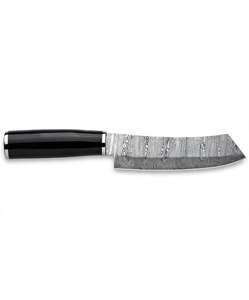 Utensilio de cocina para chef con mango de ébano negro y acero de Damasco, con anillo de soporte de acero inoxidable, marco de acero y tapa final plateada. - Product Image 1