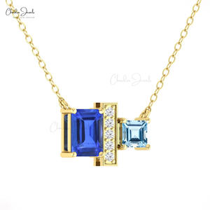 Collier artisanal en or fin 14 carats avec Tanzanite et Aigue-marine 7x5mm, serti de diamants pavés, fabrication OEM/ODM disponible - Product Image 3