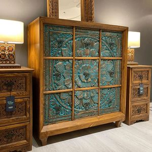 Commode en bois massif sculptée, meuble de rangement modulaire extensible, buffet de style farmhouse pour chambre et salon, console à 9 tiroirs - Product Image 2