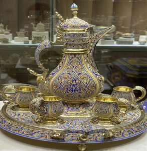 Persian-inspired gold and blue tea <b>set</b> with a long-spout pitcher and small <b>bowls</b>. Available at wholesale prices. - Product Image 5