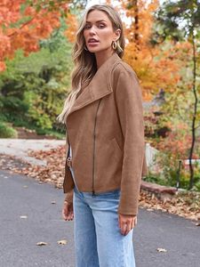 Chaqueta de Motociclista de Cuero PU Color Bronceado para Mujer, con Cierre de Cremallera, Cuello Redondo, Manga Larga, Estilo Otoñal - Product Image 2
