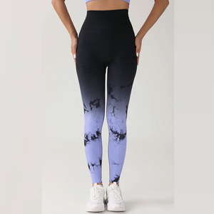 Leggings pour femmes à effet tie-dye dégradé, imprimé bleu et noir, longueur intégrale, sportifs, extensibles, tricotés, taille haute, OEM - Product Image 4