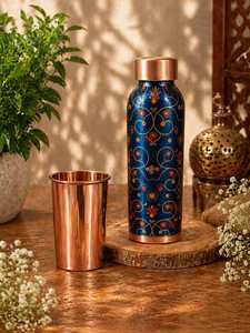 Botella de Agua de Cobre Puro Impresa de Primera Calidad, Diseño Floral Azul, a Prueba de Fugas, Botella Ayurvédica Reutilizable y Ecológica - Product Image 6