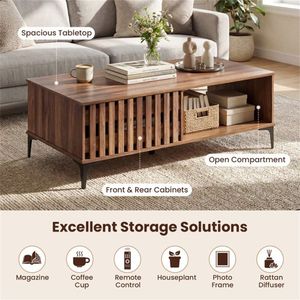 47-Inch Mid Century Walnut Wooden Look Coffee Table with <b>Storage</b> Cabinets & <b>Open</b> Compartment Heavy Duty Accent Table - Product Image 5